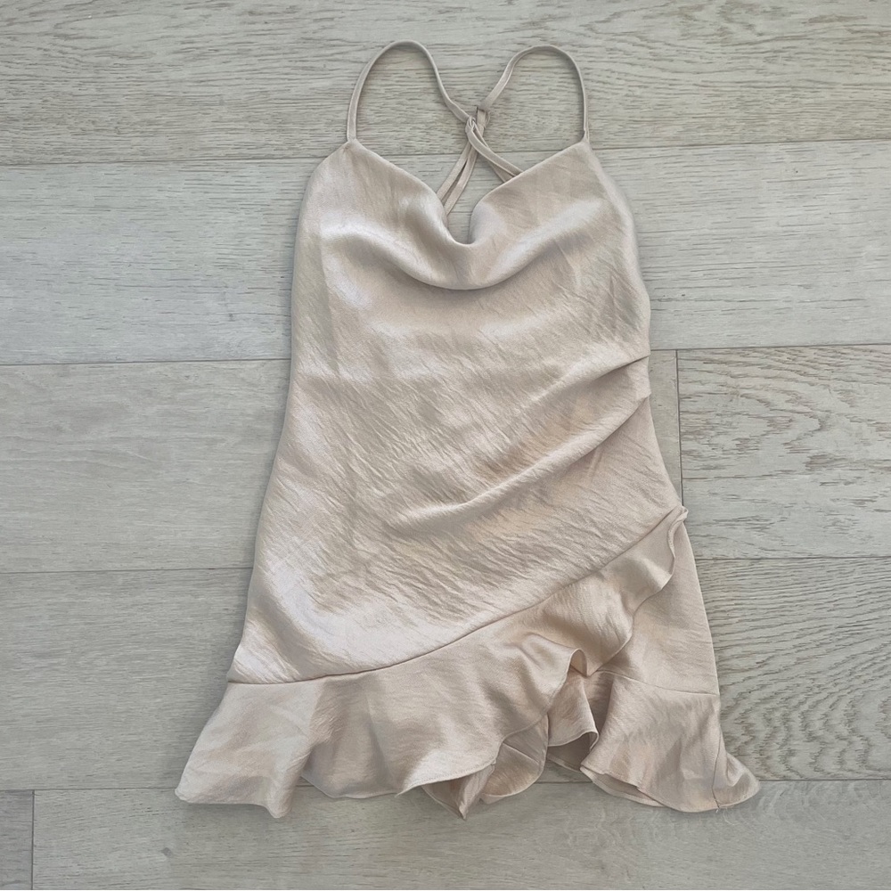 Cotton Candy LA Satin Champagne Cowl Neck Ruffle Romper
